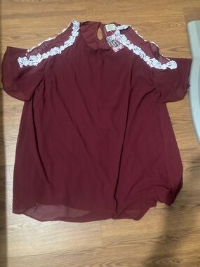 Cold-Shoulder Maroon Blouse with White Lace Trim